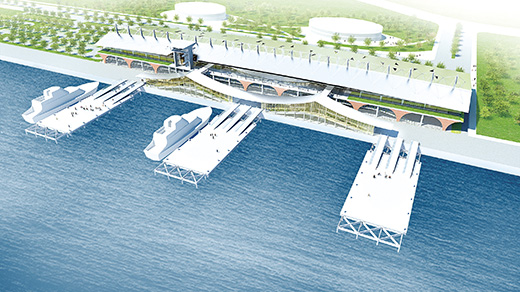 水頭港大型旅客服務中心新建工程，圖為海側景象模擬圖。（縣府提供）