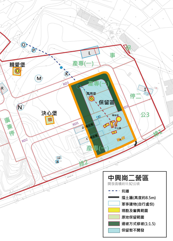 產博園區計畫道路曁公共設施工程變更設計後圖說-新增軍事核心保留區。(縣府提供)