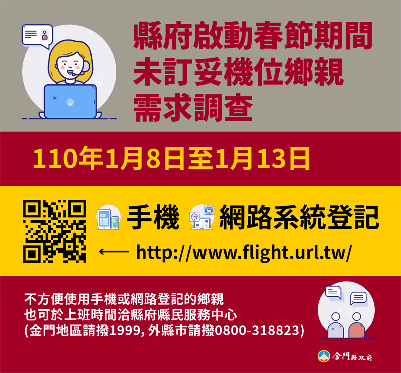 110年春節年假將屆，為利年節鄉親返金過年順利，縣府明啟動春節年假未訂妥機位鄉親需求調查。（縣府提供）