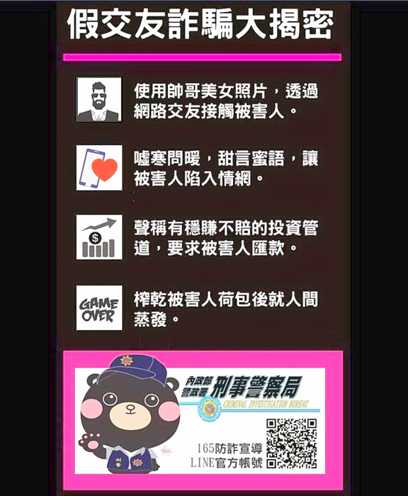 上網交友尋求真愛，一不小心就可能成為詐欺集團下手目標，金城分局分局長胡淑淨提醒民眾網路交友務必提高警覺。（金城分局提供）