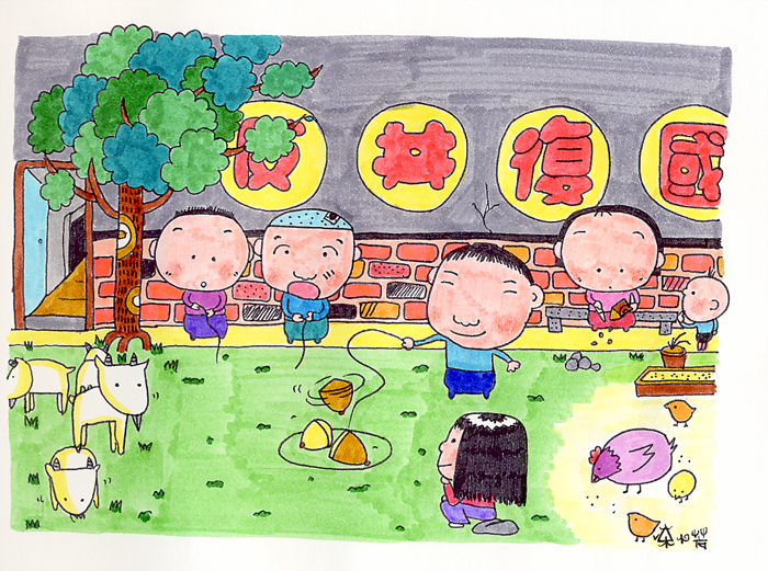 陀螺是金門最具代表性的童玩,金門一些四、五年級生對這款童玩大概都不會陌生。(陳曉芳繪圖/陳西村提供)