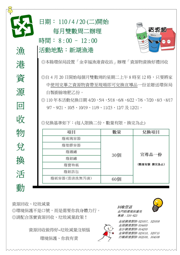 新湖漁港金幸福港區資收站，辦理回收換好禮活動。
（環保局提供）