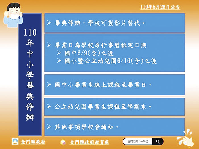 國內疫情持續險峻,教育處發布畢業典禮停辦公告。(教育處提供)