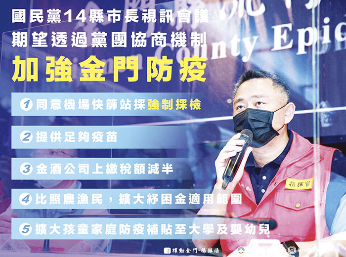 縣長楊鎮浯昨在「國民黨共同防疫聯盟視訊會議」提出5大建言，希望透過黨團協商機制，向中央爭取加強協助金門防疫及紓困。（縣府提供）