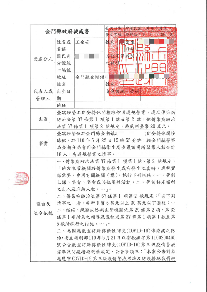 休閒娛樂場所違規營業案裁處書。（縣府提供）