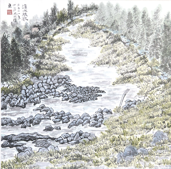 金門縣文化局主辦的「水墨金緣│金門縣水墨畫聯展」，原訂於7月1日至7月27日在衛生福利部金門醫院隆重展出，因疫情緣故現改為線上展覽，歡迎大家踴躍線上瀏覽，圖為展出作品。（金門縣文化局提供）