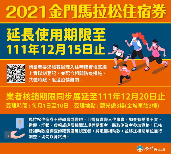 新冠肺炎疫情燒不停，金門縣政府宣布，2021金門馬拉松住宿券使用期限延長一年。（觀光處提供）