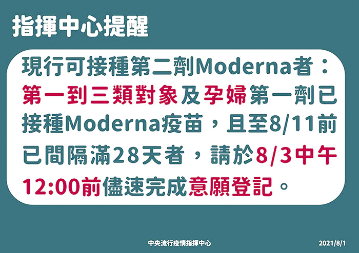 現行可接種第二劑莫德納疫苗者，請於8月3日12:00之前上網登記。（指揮中心提供）