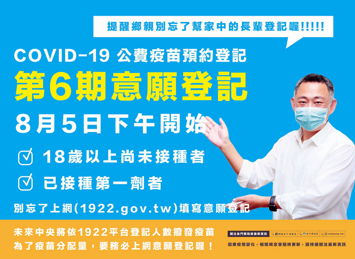 提醒18歲以上尚未接種者、已接種第一劑者上網預約疫苗登記。
(翻攝臉書躍動金門-楊鎮浯)