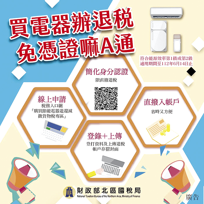 購買節能電器退稅活動延至後年六月中,為方便民眾申辦,國稅局簡化身分認證機制,線上完成申辦程序後,退稅稅款將很快入到帳戶。(國稅局提供)