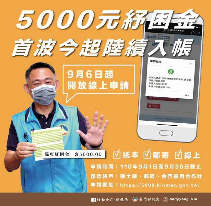 金門縣長楊鎮浯昨在臉書分享金門縣普發縣民紓困金新台幣五千元,第一波紓困金昨起陸續入帳,發放對象約三點三萬人。
(摘自縣長臉書)