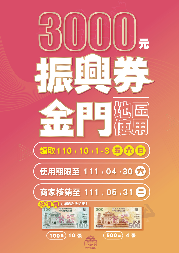 圖為金門110年度3千元振興券資訊圖卡。(縣府提供)