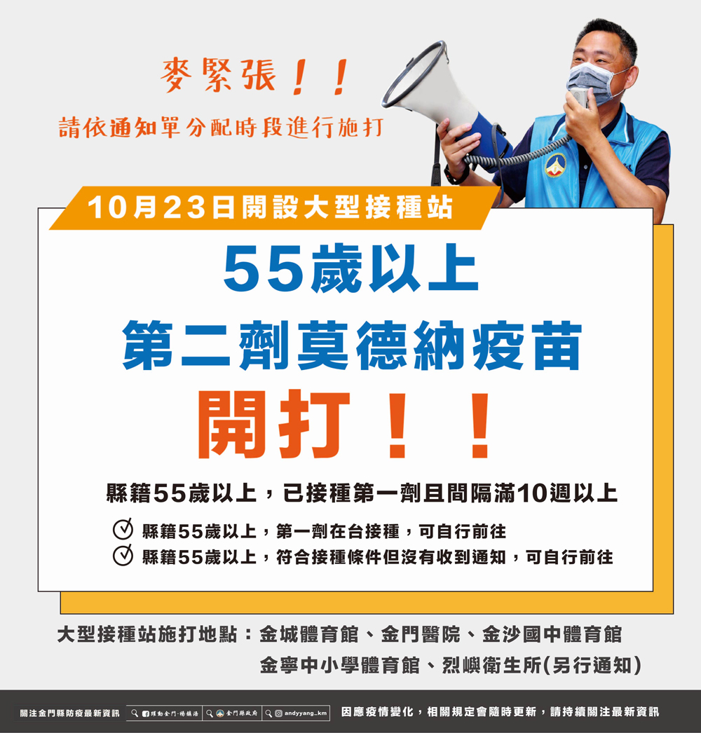 金門縣政府將於10月23日開設大型接種站施打莫德納第二劑，對象為縣籍55歲以上，且已接種第一劑莫德納疫苗間隔滿10週以上之縣民。（衛生局提供）