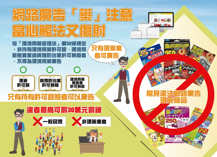 環保局提醒民眾「無照」於網路平台販賣、廣告環境用藥,小心觸法!(環保局提供)