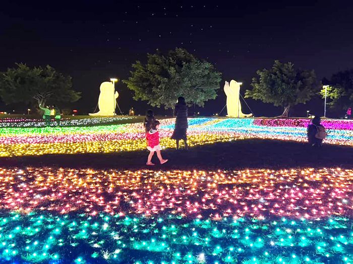 地面上一片的燈海,煞是好看,民眾就著夜色在燈海前拍照。(詹宗翰攝)