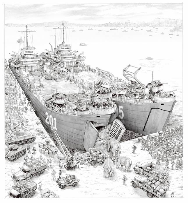 書中細緻描繪軍艦細節及士兵與人群。（李如青提供）