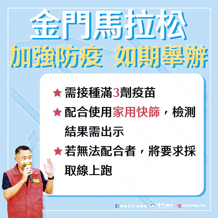 縣長楊鎮浯日前透過個人臉書表示,金門馬拉松將如期在4月24日復辦,但也會密切觀察疫情變化,並視整體疫情進行滾動調整,不排除加強相關防疫措施。(摘自躍動金門-楊鎮浯臉書)