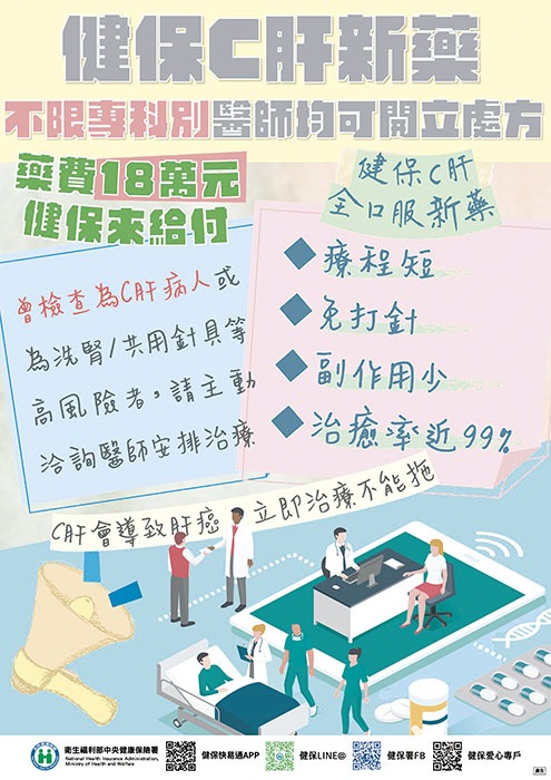 衛生局呼籲尚未篩檢B、C型肝炎，年齡符合45至79歲之一般民眾（40至79歲原住民）攜帶健保卡主動前往各醫療院所篩檢，另也提醒C肝陽性者切莫輕忽，應積極治療、持續追蹤。（衛生局提供）