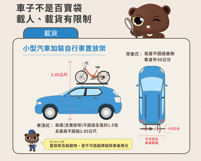 交通工具不是百寶箱、更不是收納箱,載運人數及物品等都有相關規定。(縣警局交通隊提供)