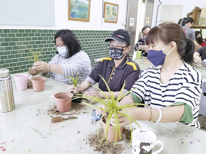 金門植物園「有森意」友善環境系列講座邀請蔡宜宸分享馬克杯酒瓶蘭種植，除了蒐集許多廢棄物再利用的妙招與學員分享，也提供洗洞機器供民眾將馬克杯或碗盆鑽孔，並動手為植物脫盆、修剪完成酒瓶蘭植裁創作，完成獨一無二居家環境佈置的藝術品。（林務所提供）