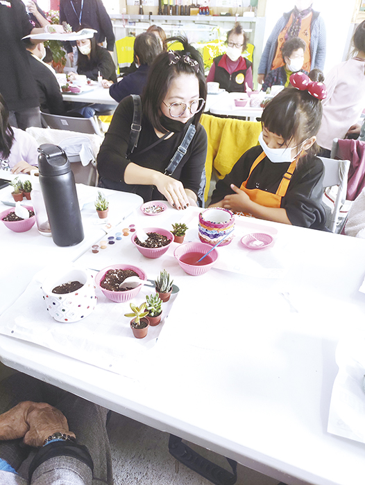 金門縣政府社會處與新住民家庭服務中心攜手，在金寧鄉西浦頭社區活動中心辦理多肉植物DIY體驗課程。（縣府社會處提供）