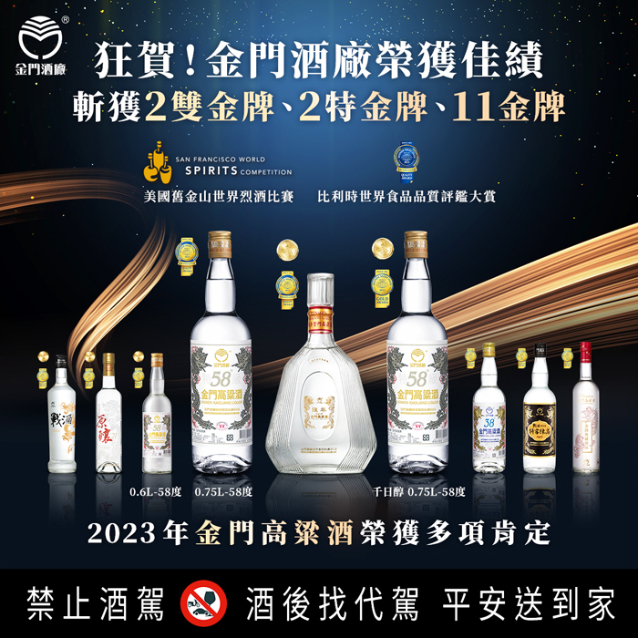 金門酒廠連續8年獲得國際賽大獎肯定。(金門酒廠提供)