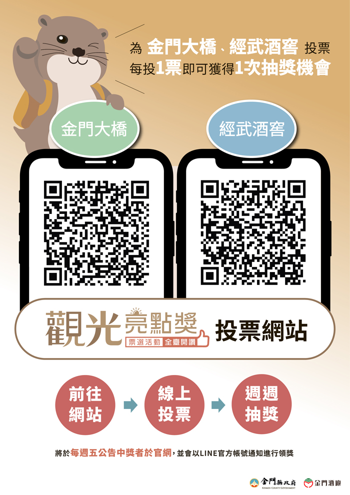 觀光亮點獎網路票選開跑，金門縣政府推出金門大橋及經武酒窖參賽。（縣府提供）