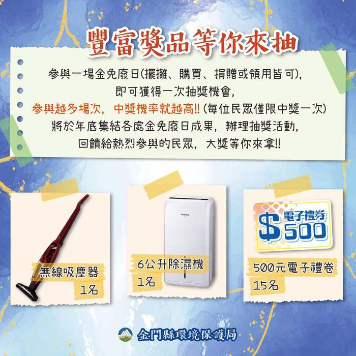 金門縣環保局將於20日下午在莒光共融公園辦理一場【莒光金免廢日-野餐趣】二手市集活動，歡迎民眾前往參加。　　　（環保局提供）