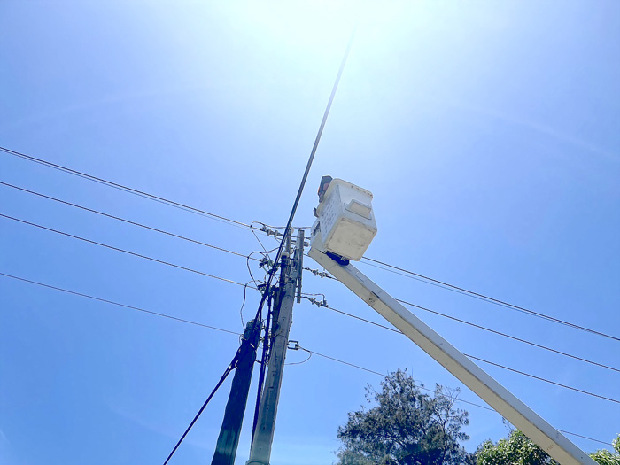 金寧鄉榜林、盤山村一帶,昨日近中午因鎮西饋線小環路跳脫突停電:右、台電人員緊急搶修約6分鐘恢復供電;左、停電事故是鳥類觸碰避雷器惹的禍。
(台電金門區營業處提供)