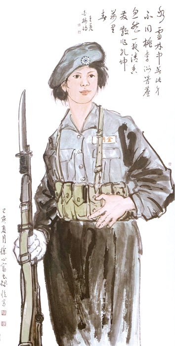 徐心富水墨畫作〈金門女自衛隊員〉。(林靈攝)