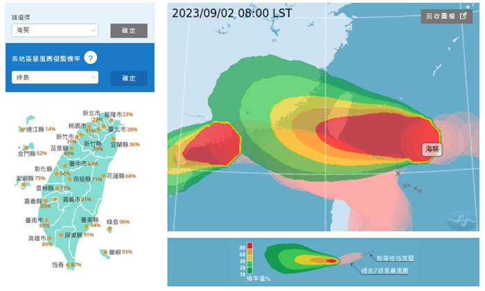 颱風進逼,九月三日金門海空交通停擺,民眾外出須多加注意氣象預報。(翻攝自中央氣象局官網)