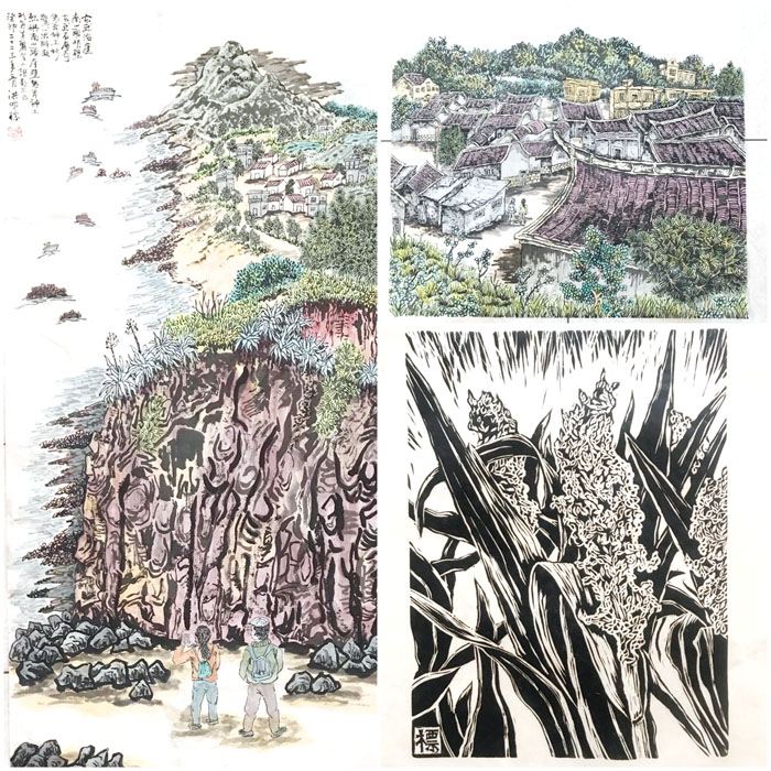洪明標水墨畫作(左、右上)、版畫作品(右下)。(洪明標提供)