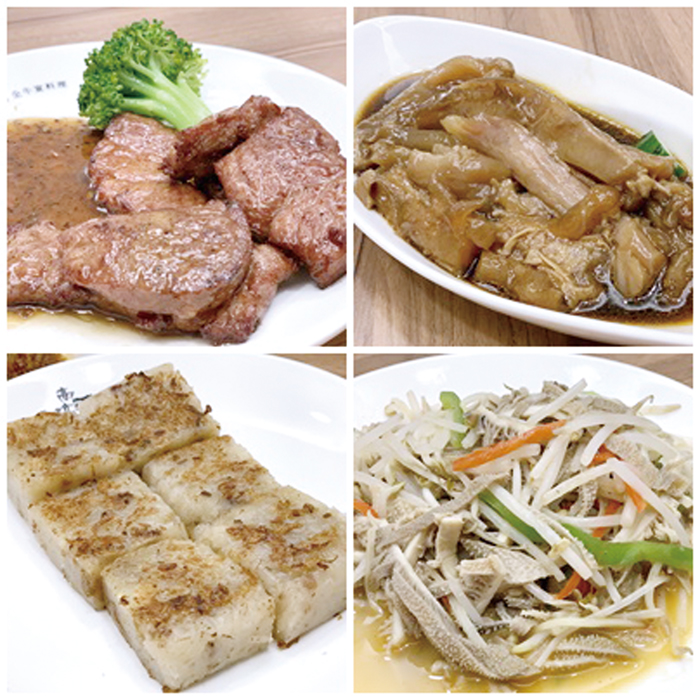 左上、香煎牛小排;右上、紅燒牛筋;左下、XO醬牛肉蘿蔔糕;右下、銀芽毛肚。(林靈攝)