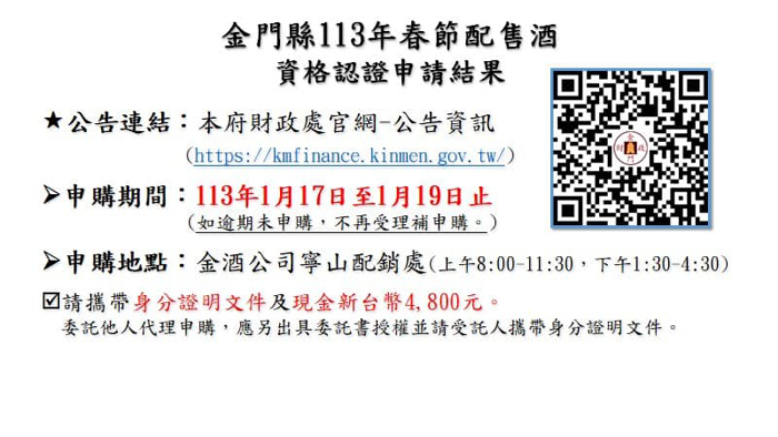 財政處公布今年春節家戶配售酒資格認證申請結果。（財政處提供）