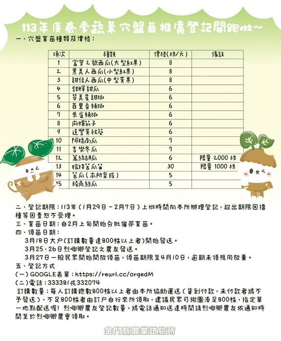 蔬菜穴盤苗種類及價格。(農試所提供)
