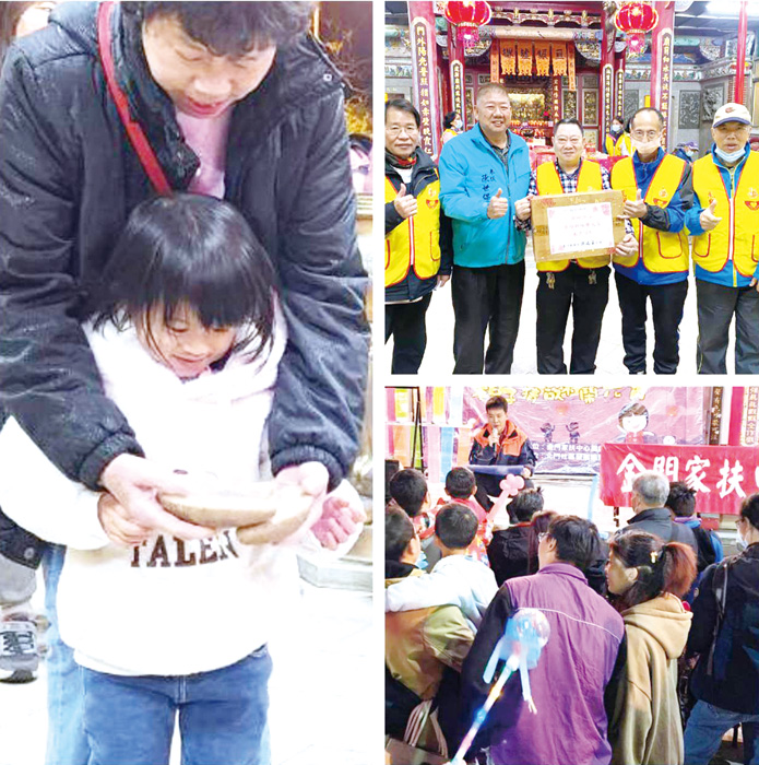 左、鳳翔擲筊博福袋;右上、參議陳世保(左二)前往鳳翔社區致意;右下、北門與家扶合辦猜燈謎。(許峻魁攝)