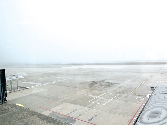 尚義機場一早受到濃霧影響，能見度低於起降標準，早上的停機坪沒有任何一台飛機停靠，滯留旅客只能被迫在機場等待。（高凡淳攝）