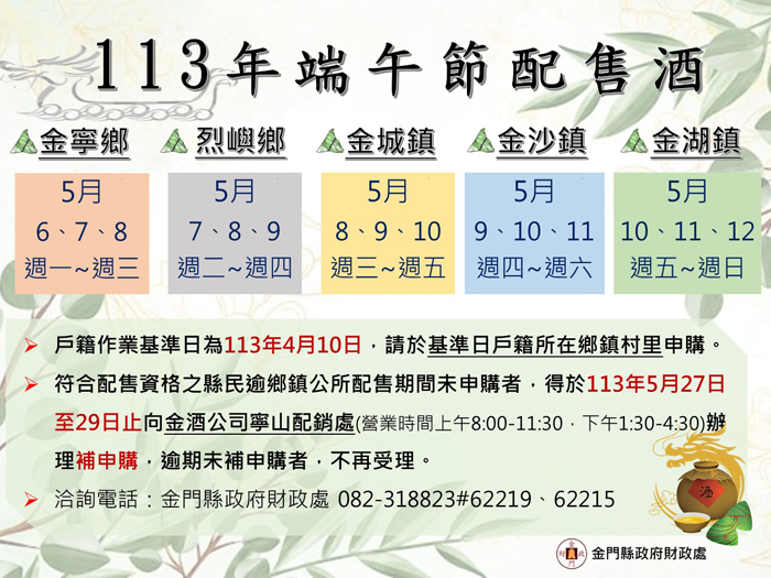 金門縣一一三年端午節配售酒圖表。(財政處提供)