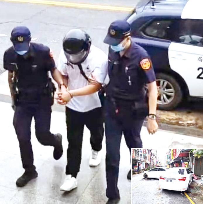 左上、湖警迅速逮捕楊姓男子帶回偵辦;右下、案發現場車輛部分損毀。(湖警提供)