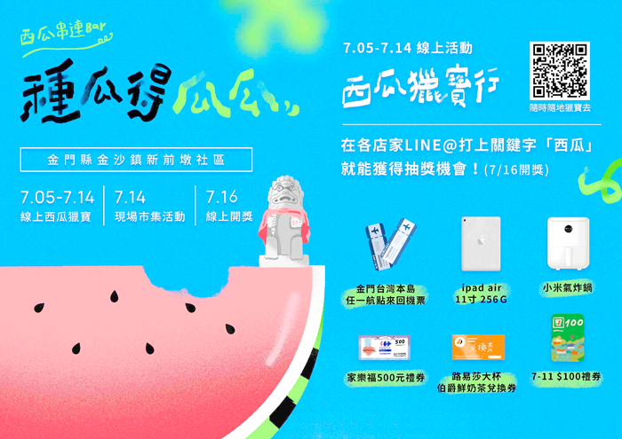 「第13屆新前墩西瓜節」即將登場,7月5日起至7月14日止推出LINE線上西瓜獵寶活動。活動當天有裝置藝術拍照打卡贈禮、早鳥送料羅全家折價券、戰技體驗過關送西瓜以及晚會藝人表演、西瓜品嘗和比賽等,新前墩社區歡迎鄉親、遊客踴躍共襄盛舉。(新前墩社區發展協會提供)