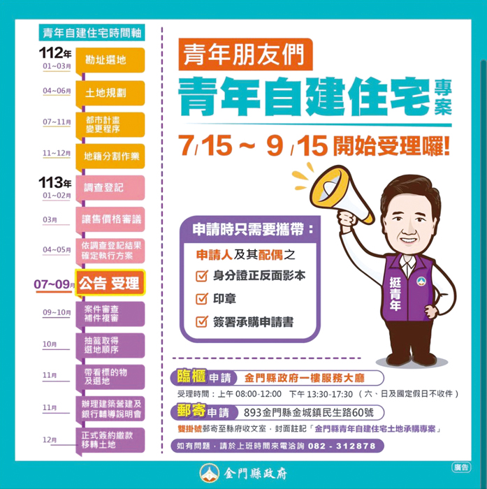 金門縣青年自建住宅專案自今日起受理申請圖卡。(縣府提供)