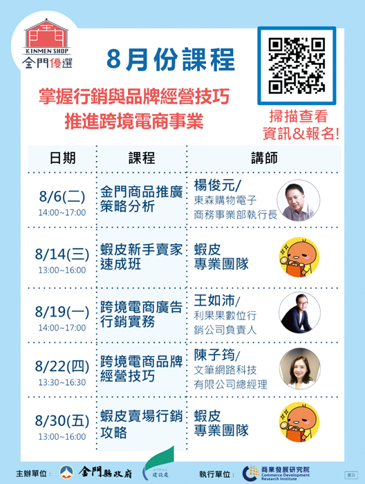 金門縣政府建設處將於8月份舉辦五堂電商專業課程,期能提升業者的行銷和品牌經營技巧,進而拓展國際市場。(金門縣政府建設處提供)