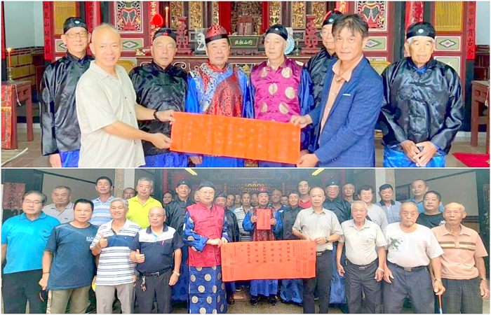頂堡東翁氏宗親(上圖)、下堡西翁氏宗親(下圖)遞送宗祠奠安12版大帖,邀請后盤山王氏姻親參加年底翁氏兩場宗祠奠安。(后盤山王氏宗親會提供)