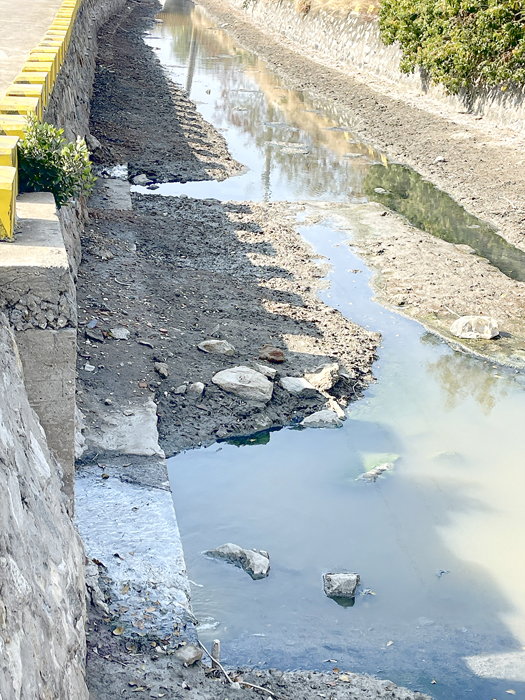 污水溢流引發臭味，鎮代主席周水土、鎮代黃奕焮、里長周家才等會勘；承攬商家已購置新抽水馬達解決問題。（陳麗妤攝）