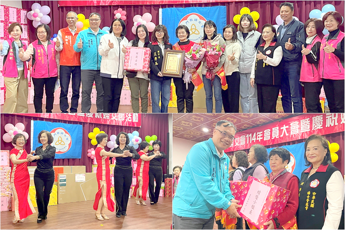 上、金門縣婦女會舉辦114年會員大會暨婦女節表揚活動;右下、副縣長李文良頒獎給績優小組長;左下、金沙分會帶來旗袍走秀和國標演出。(陳麗妤攝)