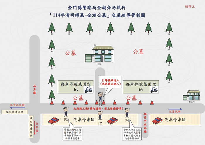 金湖公墓交通疏導管制圖。(金湖分局提供)