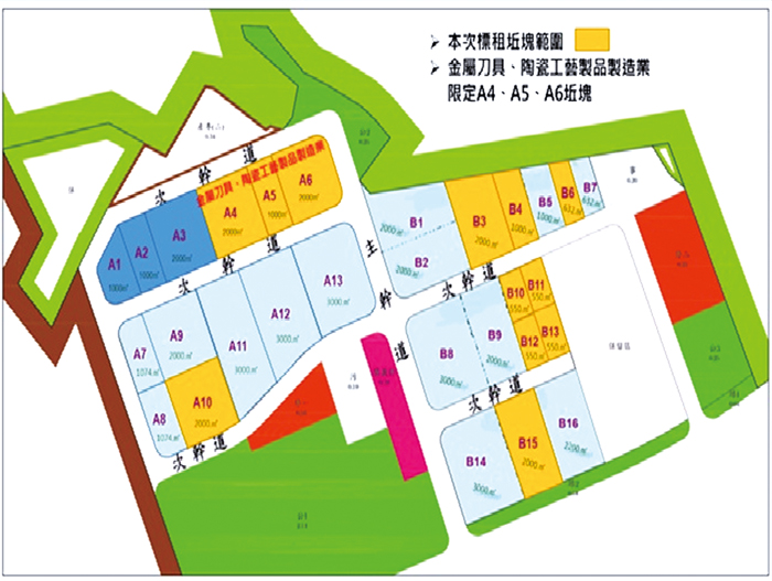 「金門縣產遊博覽園區」第二階段招商正式啟動(黃色為本次標租範圍)。(縣府提供)