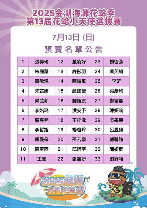 金湖海灘花蛤季第18屆金湖歌唱比賽、第13屆花蛤小天使預賽名單。(金湖鎮公所提供)