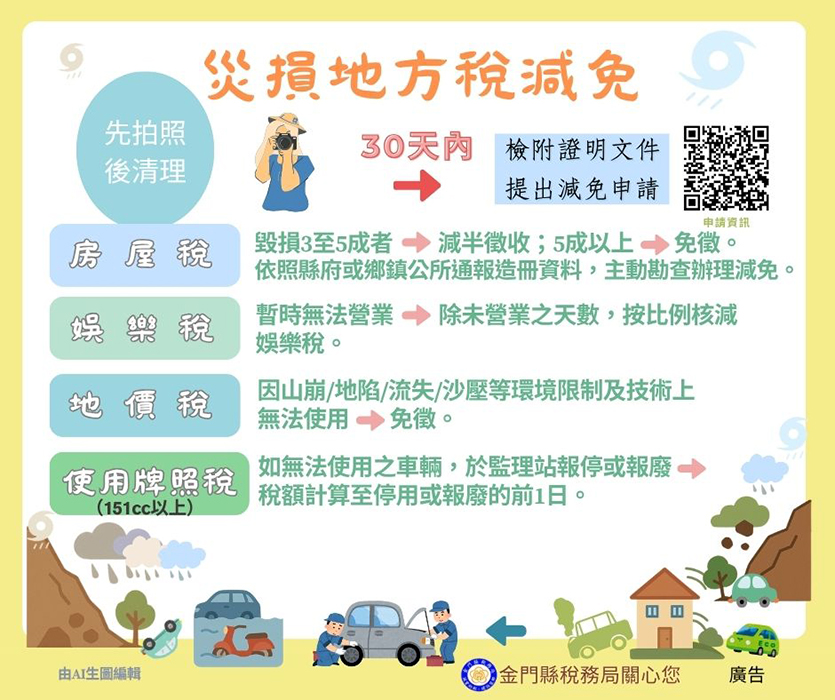 豪雨成災民眾如遭受損失,稅務局提醒可減免地方稅捐。(稅務局提供)