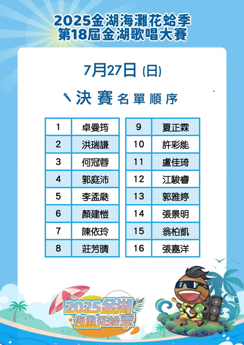 金湖海灘花蛤季歌唱比賽決賽名單。(金湖鎮公所提供)